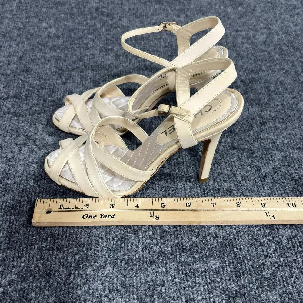 Chanel Strappy Sandals Womens 6 Beige Quilted Leather CC Logo Heels Italy